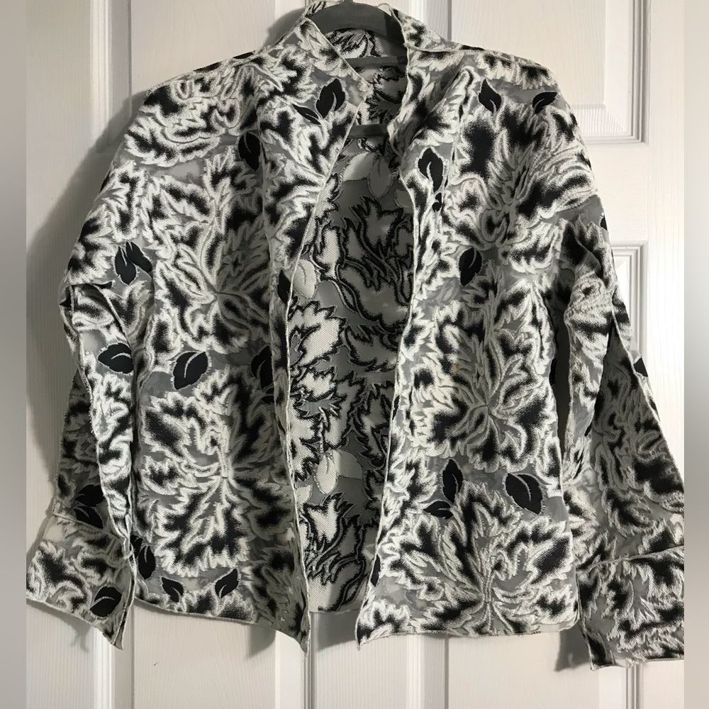 Margot Rozanska Sheer Black and White Leaf Pattern Jacket Top M - Picture 2 of 8